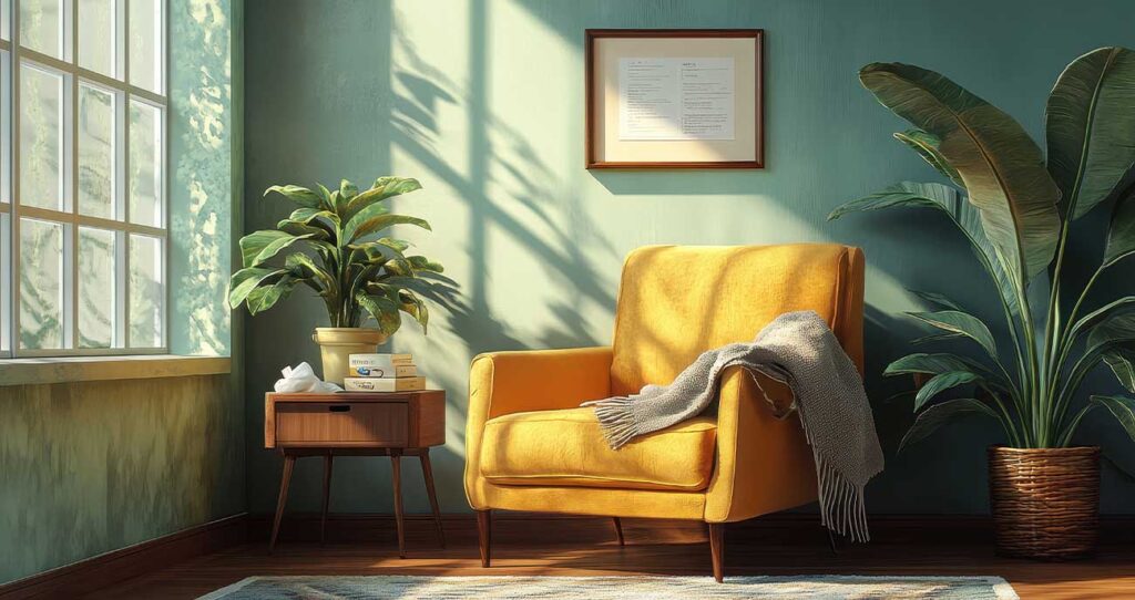 A warm, private face-to-face therapy room prepared for a counselling session